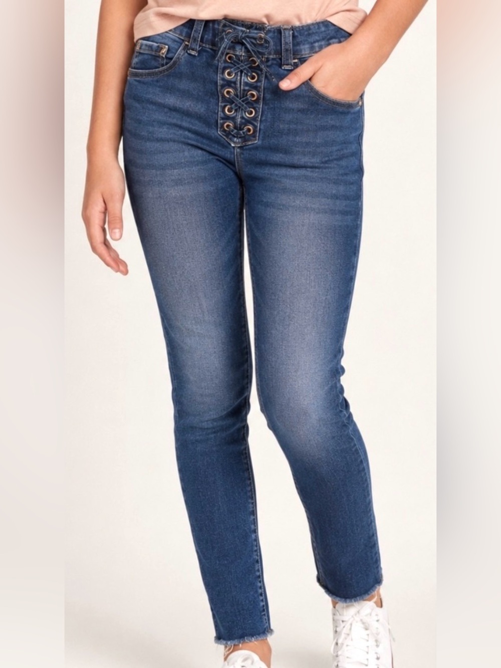 Justice Girls Size 14 Lace Up High Rise Skinny Jeans Raw Hem Stretch Denim
